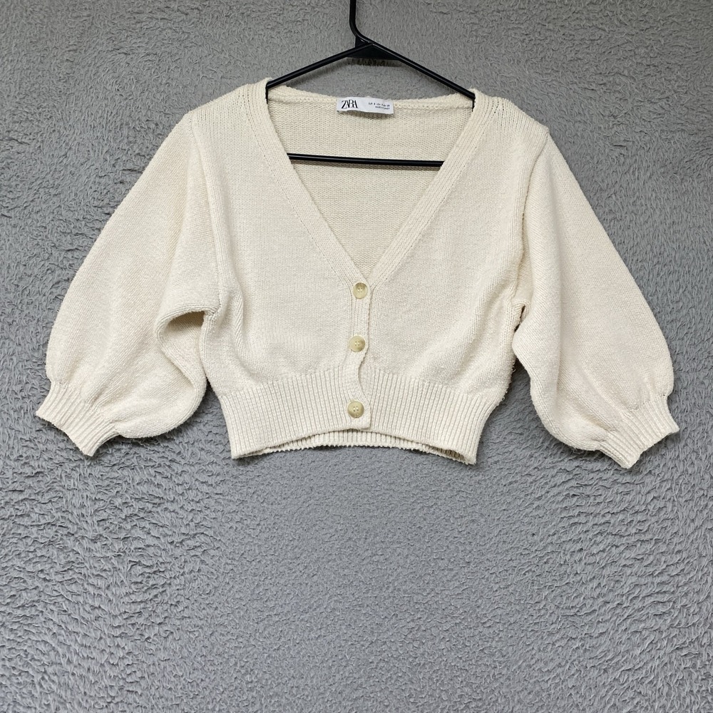 Zara Cardigan Sweater Womens Small Cream V Neck Cropped Balloon Sleeve Knit